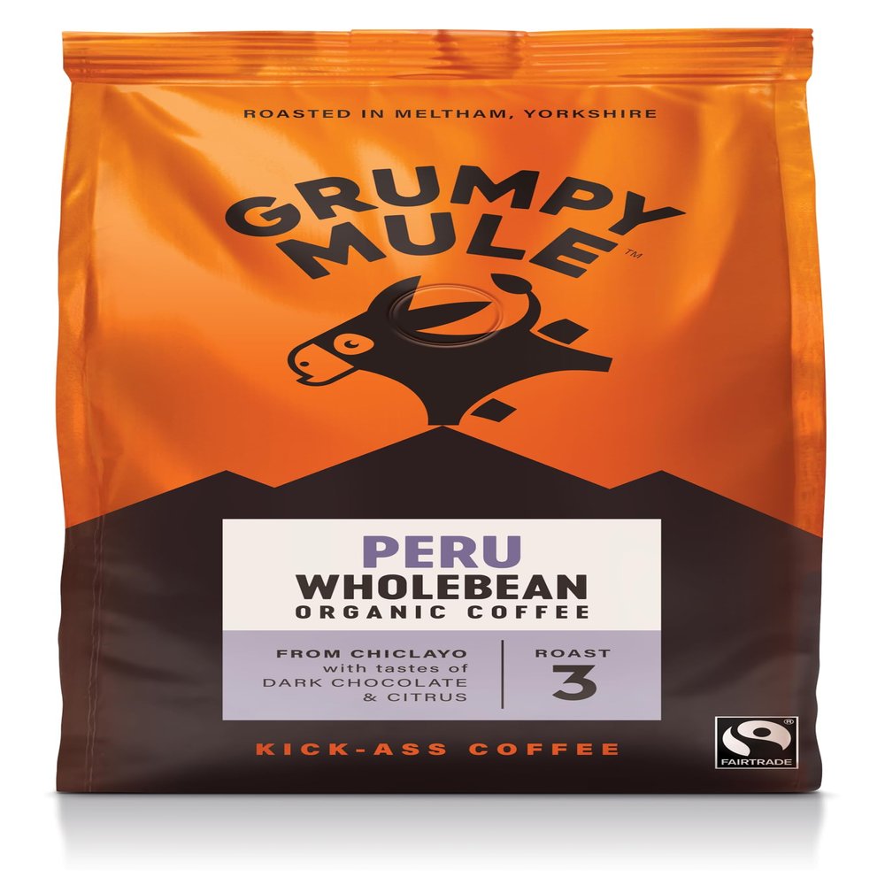 Grumpy Mule Peru Caf Feminino Organic (Whole Coffee Beans) with notes of Dark Chocolate and Citrus 200g