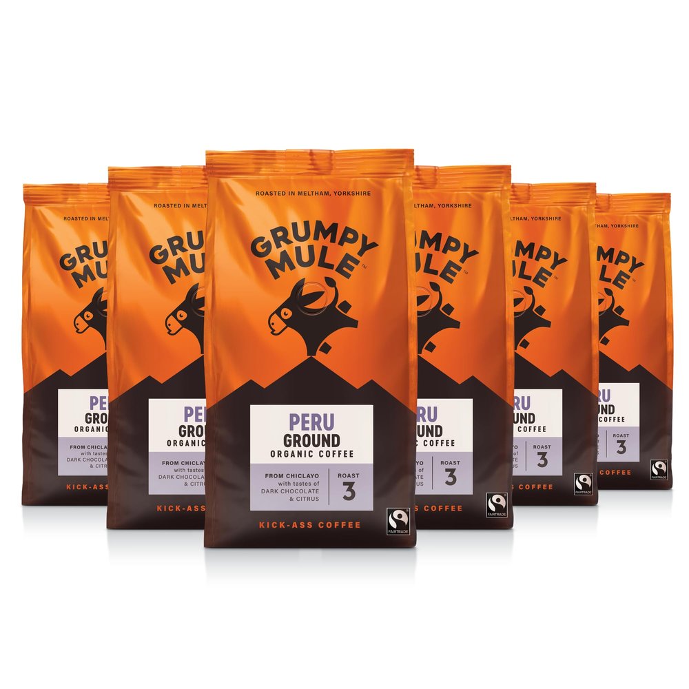 Grumpy Mule Peru Caf Feminino Organic (Ground Coffee) with notes of Dark Chocolate and Citrus 200g (Pack of 6 - Total 1.2kg)