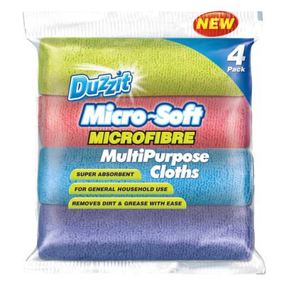 Duzzit Micro-Soft Microfibre Multipurpose Cloths Removes Dirt & Grime Super Absorbent Pack Of 4