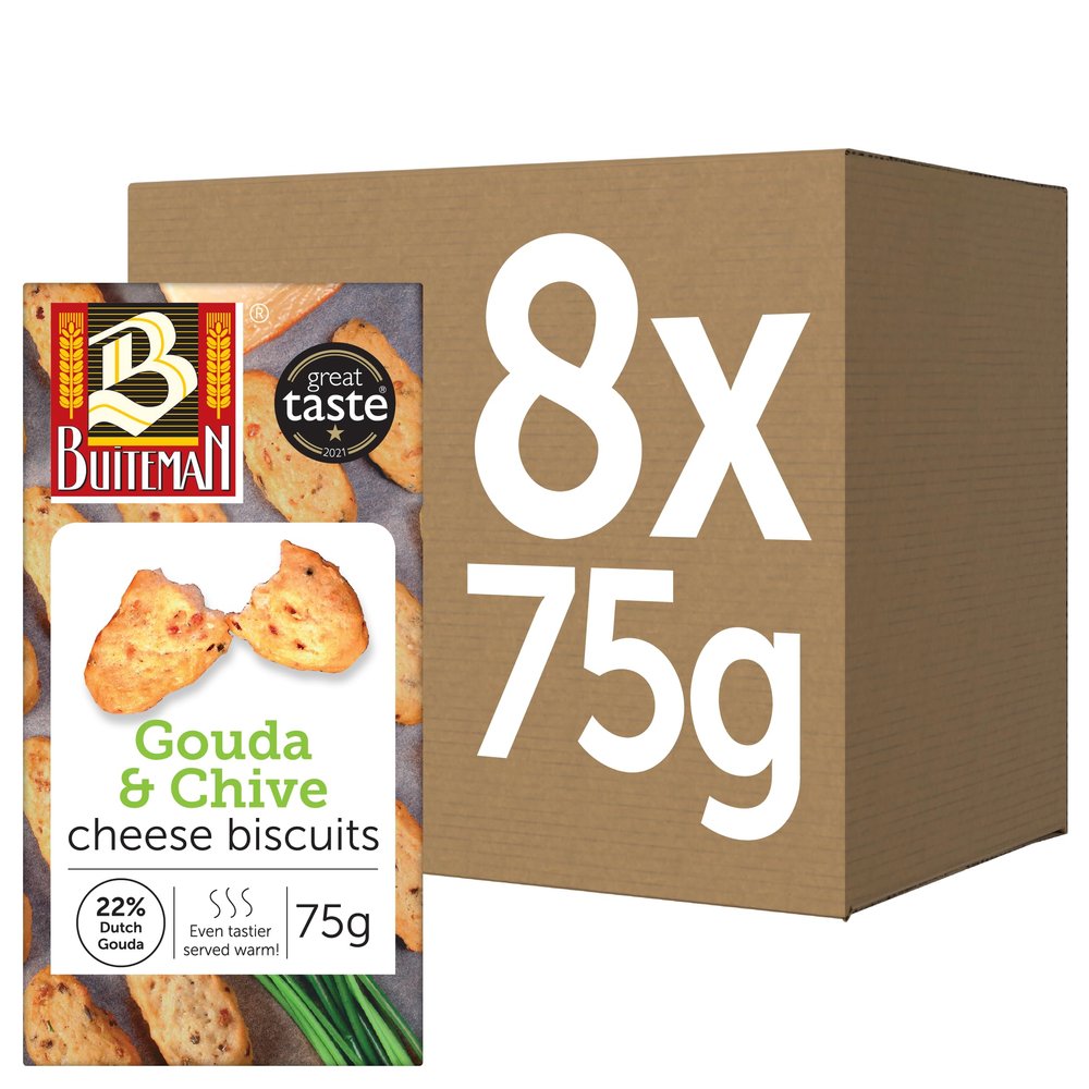 Buiteman Gouda & Chive Cheese Biscuits Pack of 8 x 75g Luxury Dutch Savoury Snacks Gourmet Backed Crackers with Aged Gouda and Chive Perfect for Cheese Boards, Entertaining & Wine Pairing