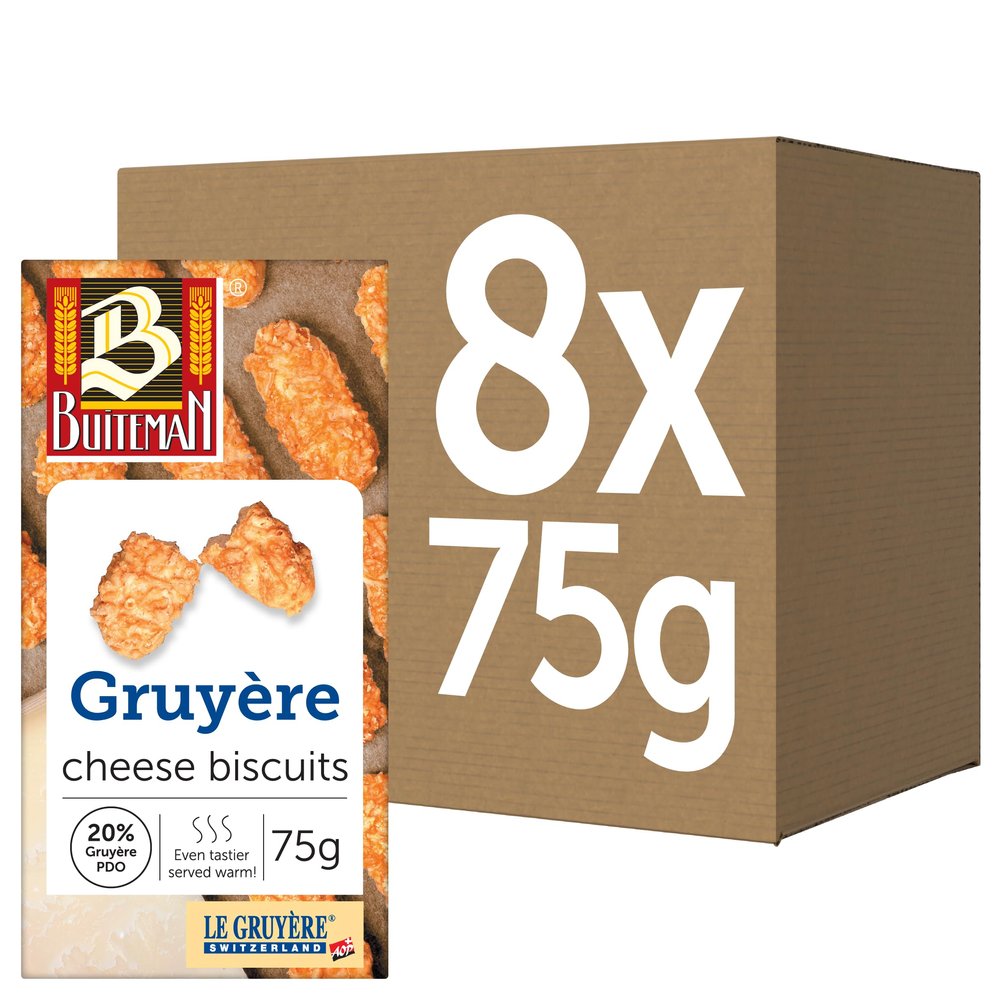 Buiteman Swiss Gruyre Cheese Biscuit Bites Pack of 8 x 75g Luxury Dutch Savoury Snacks Gourmet Baked Crackers with Authentic Gruyre A.O.P Perfect for Cheese Boards, Entertaining & Wine Pairing