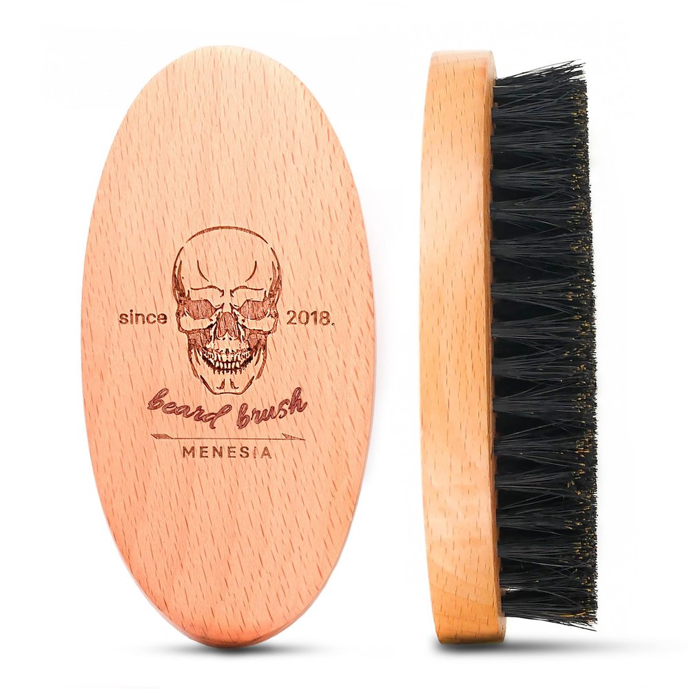 TMZUAMOZ Menesia Boar Bristle Hair Beard Brush for Men, Small Soft Beard Brush, Pocket Travel Men's Wooden Mustache Brush (Skull)