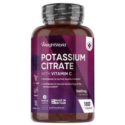 Potassium Supplements with Vitamin C 1460mg | 3 Months Supply | 180 Tablets | Electrolytes Tablets | Bioavailable Potassium Citrate Form | Non-GMO, Gluten-Free & Vegan-Friendly | Made in The UK