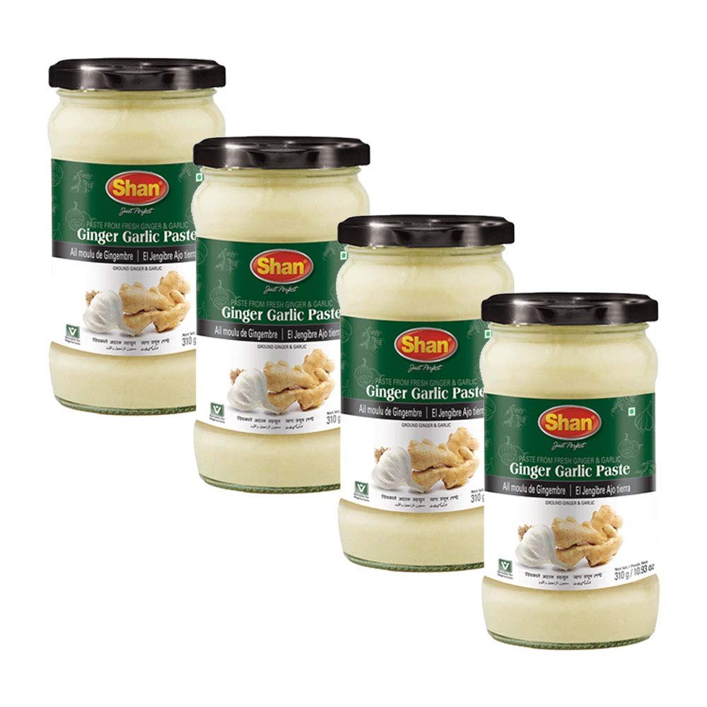 Shan Ginger Garlic Paste 10.93 oz (310g) - Traditional Taste Enhancing Cooking Paste from Fresh Ground Ginger and Garlic - Suitable for Vegetarians - Airtight Glass Jar (Pack of 4)