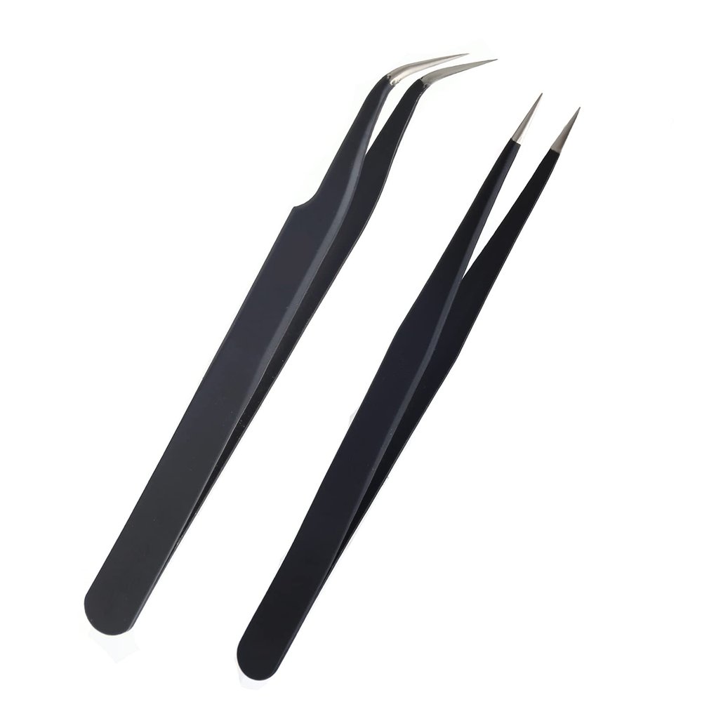 AIEX 2 Pcs Eyelash Tweezers Stainless Steel Eyelash Extension Tweezers Straight and Curved Tip (Black)