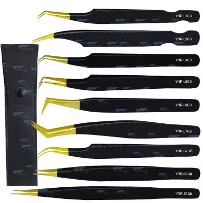 YNR Lash Eyelash Extension Tweezers, Japanese Stainless Steel Tools Straight Curved, Volume Tweezers Precision Angled Gold Tip with Free Leather Case (YNR-C2GB)