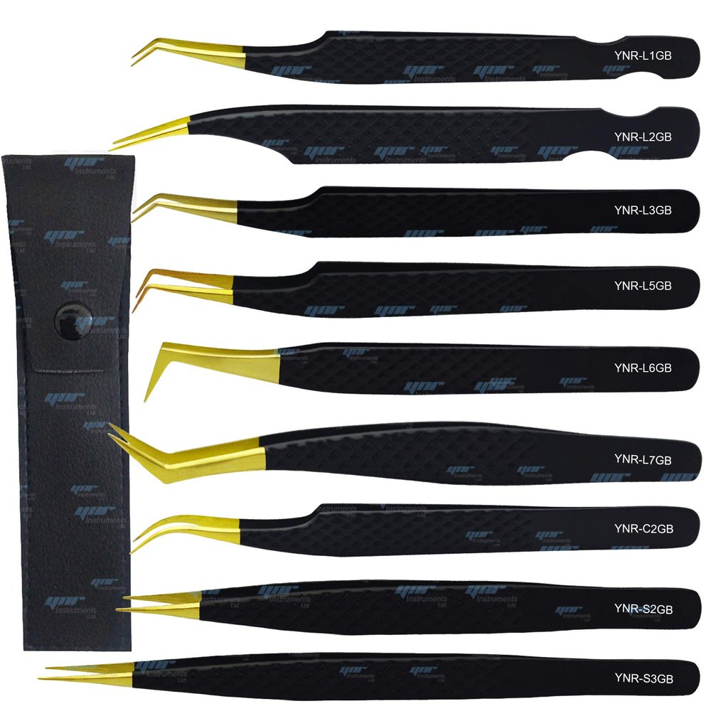 YNR Lash Eyelash Extension Tweezers, Japanese Stainless Steel Tools Straight Curved, Volume Tweezers Precision Angled Gold Tip with Free Leather Case (YNR-L6GB)