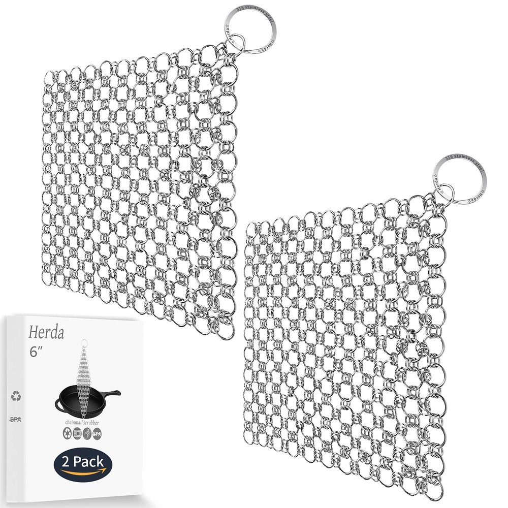 Cast Iron Cleaner Chainmail Scrubber, 2Pack 6x6" Skillet Scrub Brush for Pre-Seasoned Pan Pot, Stainless Steel Chain Link Cleaning Clean Metal Dutch Ovens Waffle Grills & Griddle Pan Easily, by Herda