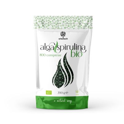 ERBOTECH Spirulina BIO in Tablets, 200g Pack, Approximately 800 Capsules, 100% Organic Algae, Pure and Vegan, Source of Energy, Rich in Proteins, Vitamins, Magnesium