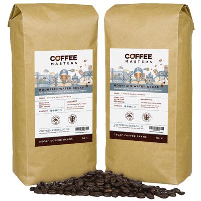 Coffee Masters Mountain Water Decaf Coffee Beans 2 x 1kg  100% Arabica, Roasted Whole Bean, Ideal for Espresso Machines - Decaffeinated, Bold, and Strong Flavour