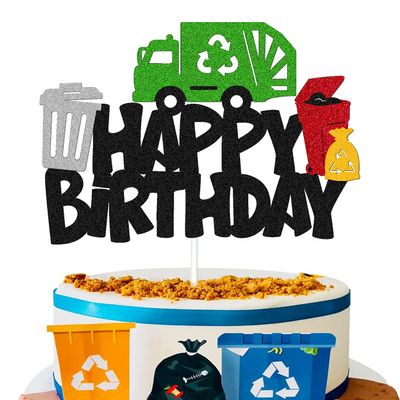 Garbage Truck Cake Topper Happy Birthday Sign Cake Decorations for Trash Green Recycling Truck Themed Bday Party Supplies