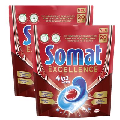 Somat Excellence 4-in-1 caps, 40 (2 x 20) caps, dishwasher caps for excellent cleaning, brilliant shine and careful care for dishes and dishwasher