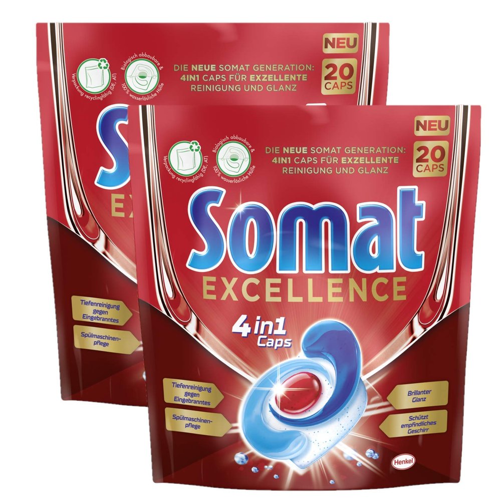 Somat Excellence 4-in-1 caps, 40 (2 x 20) caps, dishwasher caps for excellent cleaning, brilliant shine and careful care for dishes and dishwasher
