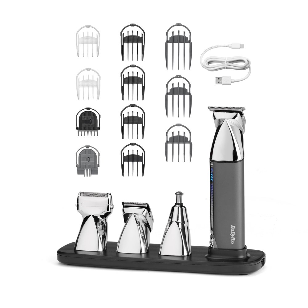 BaByliss Super-X Metal Multi Trimmer - Professional 15-in-1 Grooming Kit with Japanese Steel Blades, Magnetic Heads, Digital Display, Waterproof Design, 5-Hour Cordless Runtime, Silver/Blue, 7200U