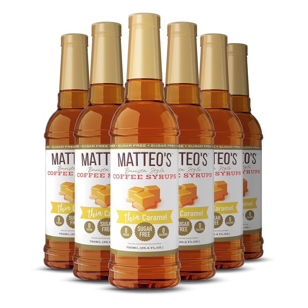 Matteo's Sugar Free Coffee Flavoring Syrup, Caramel, Delicious Coffee Syrup, 0 Calorie, 0 Sugar Coffee Syrups, Keto Friendly, 25.4 Oz, 6Count