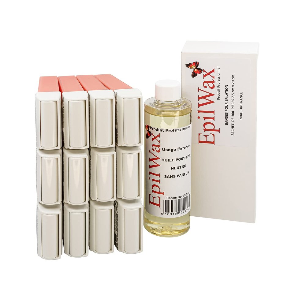 EpilWax - Lot de 12 x Roll On Cire Epilation la Rose + 100 x Bandes d'pilation + Huile aprs pilation - Jambes, Aisselles, Corps - Facile taler et Retirer
