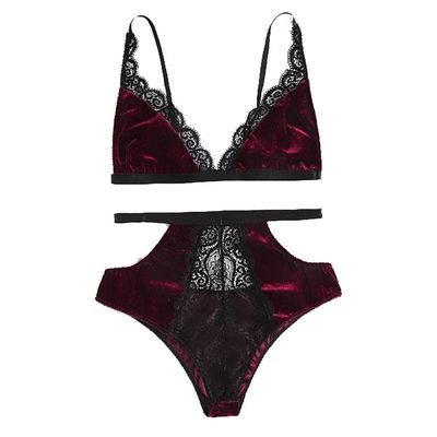 Top Fashion New Sexy Gold Velvet Lace Bra Two Piece Suit European and American Sexy Lingerie L