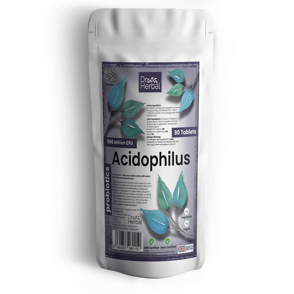 Dr Herbal Acidophilus Lactobacillus 500 Million CFU ProBiotic Vegan | Vegetarian | Detox | Digestive Health | Gut Health | UK Manufactured | 90 Pack