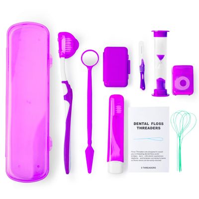 Annhua Braces Cleaning Kit 8 Pack, Orthodontic Travel Dental Care Set with Interdental Brushes, Brace Wax, Floss Threader, Oral Mirror & Timer - Portable for Teeth Aligners, Retainers - Purple