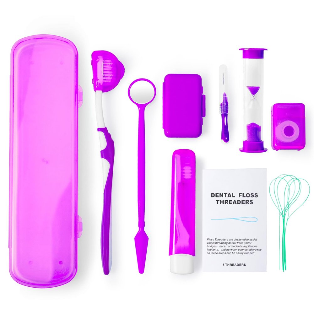 Annhua Braces Cleaning Kit 8 Pack, Orthodontic Travel Dental Care Set with Interdental Brushes, Brace Wax, Floss Threader, Oral Mirror & Timer - Portable for Teeth Aligners, Retainers - Purple