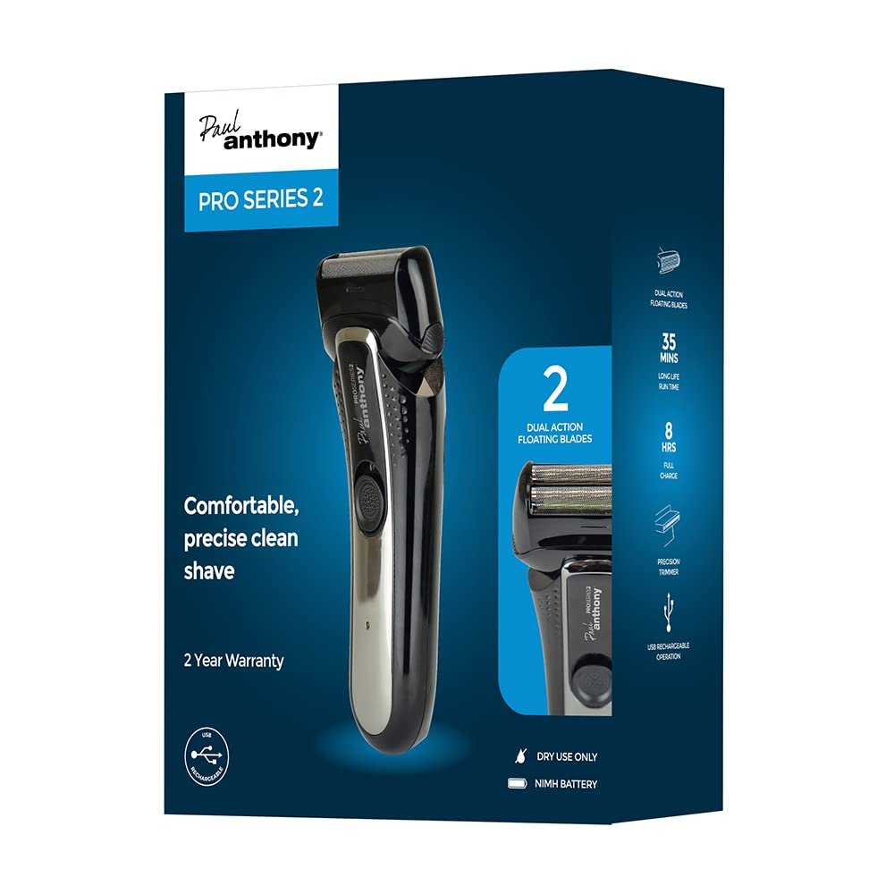 Paul Anthony Pro Series 2 Mens USB Cordless Foil Shaver/Recharge by Any USB Power Source/Twin Blades for Closer Shave/Cordless Operation/Retractable Precision Trimmer - Black/Metal - H5020