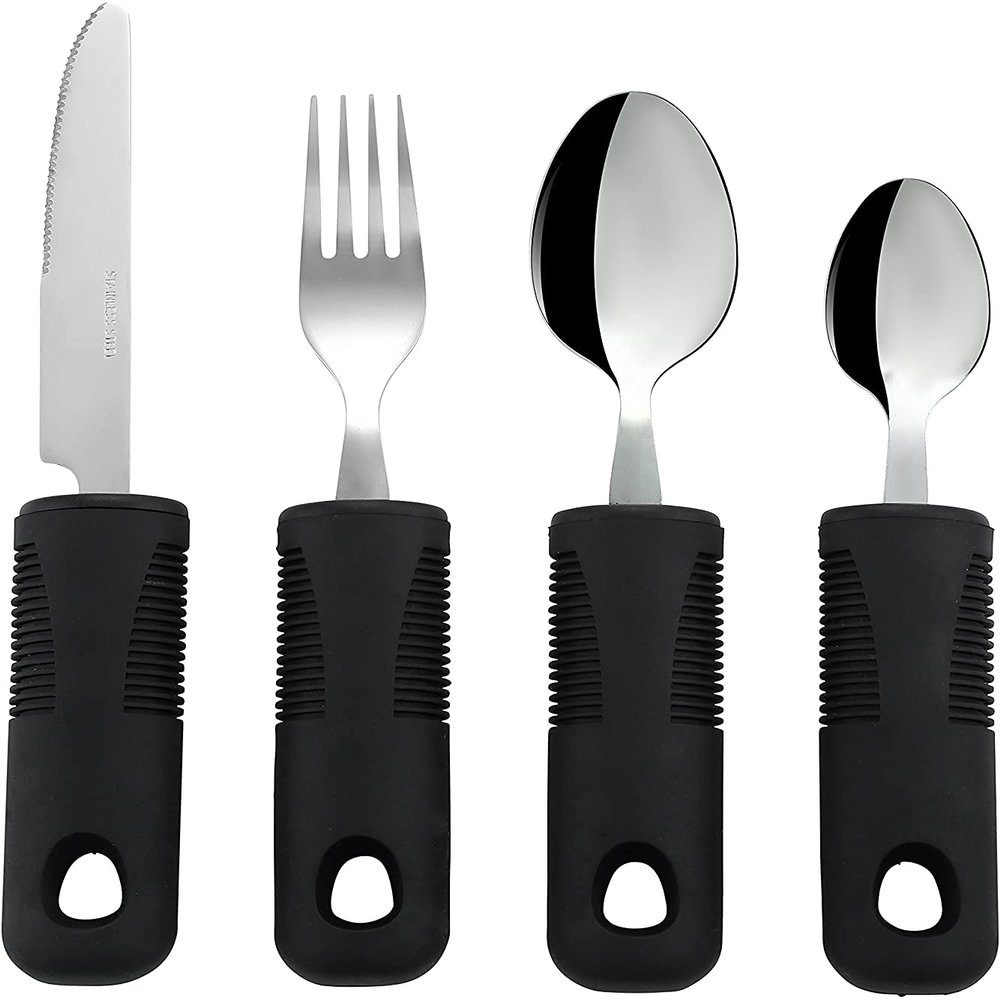 10 Pack Adaptive Utensils Set, Non-Slip Handles for Hand Tremors, Arthritis, Parkinsons or Elderly use - Stainless Steel Knife, Fork