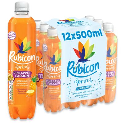 Rubicon Spring 12 Pack Pineapple Passion, Sparkling Spring Water with Real Fruit Juice & Natural Flavours, Only 15 Calories - 12 x 500ml Multipack Bottles