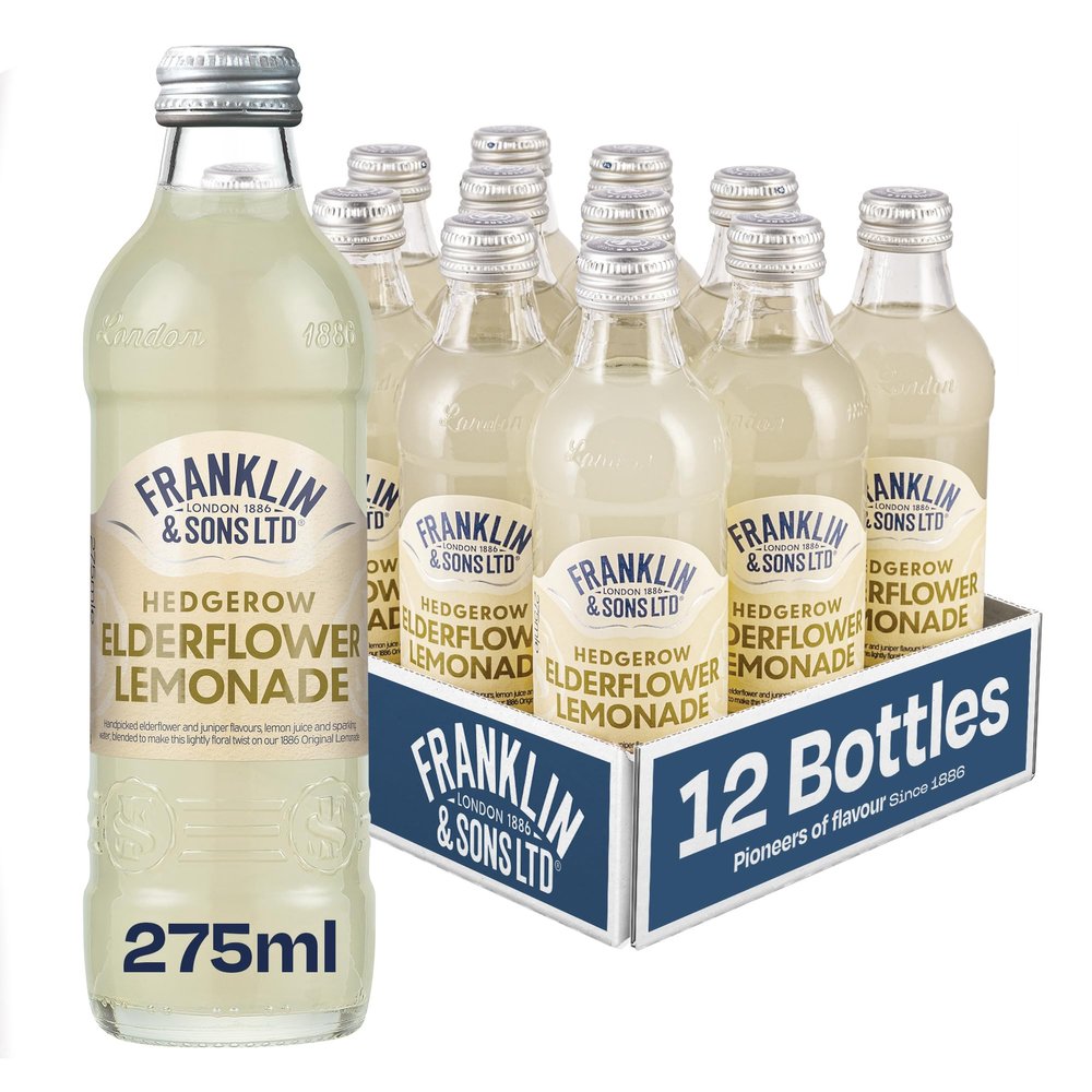 Franklin & Sons Elderflower Lemonade | 12 x 275ml Bottle Case | English Hedgerow Elderflower | All Natural flavours | Made with Lake District Water | Sparkling Soft Drink | Premium Fizzy Drink |