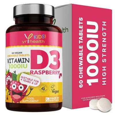 Kids Vitamin D3 1000 iu High Strength - Chewable Raspberry Flavour Vitamin D for Kids 4-12 Years, Vegan Society Registered Tablets not Gummies - 2 Months Supply - Made in The UK by YrHealth