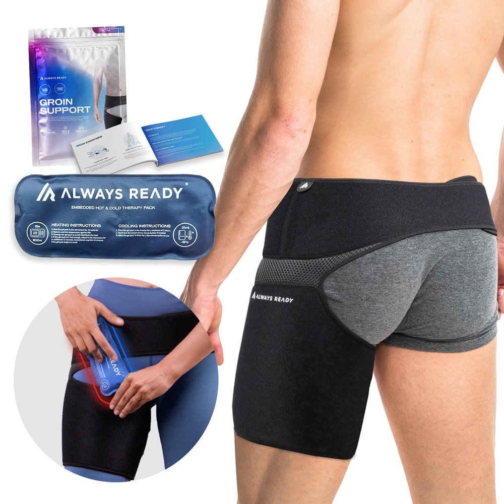 Always Ready Groin Support with Hot & Cold Gel Pack for Thigh, Hip, Hamstring, Strains, Sprains, Pain Relief, Sciatic Nerve Pain, Adjustable Compression Wrap, Men & Women (XS-S)
