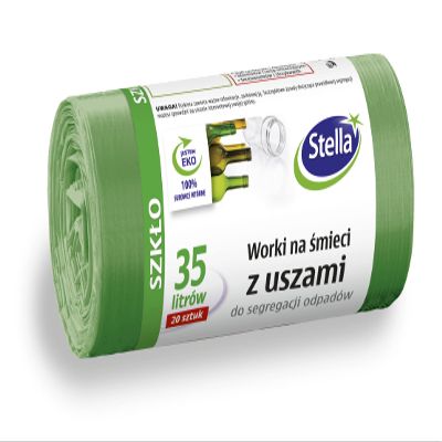 Stella 032198 Bin Liners with Handles for Glass Waste Separation | 35 L | Pack of 20 | Bin Bags for Household Waste Office Made of Thick LDPE Regranulate Film Colour: Green