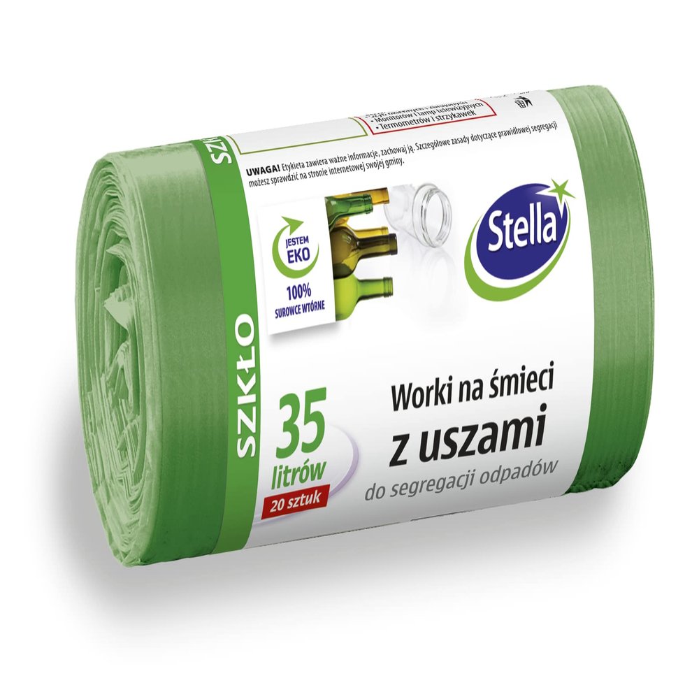 Stella 032198 Bin Liners with Handles for Glass Waste Separation | 35 L | Pack of 20 | Bin Bags for Household Waste Office Made of Thick LDPE Regranulate Film Colour: Green