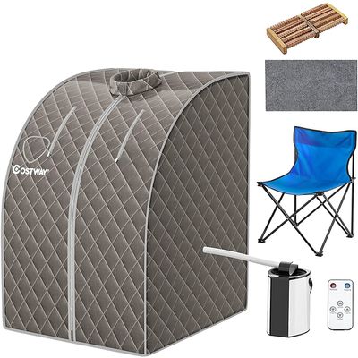 COSTWAY Home Steam Sauna, 9 Levels Temperature Adjustable Personal Spa Box with Folding Chair, 3L 1000W Bathroom Remote Control Sauna Tent for Therapy, Detoxify, Sweating and Slimming (Grey)