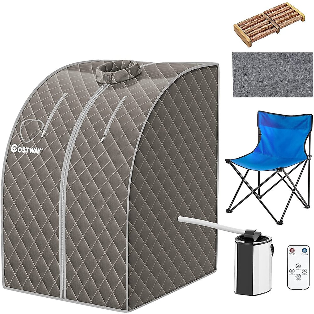 COSTWAY Home Steam Sauna, 9 Levels Temperature Adjustable Personal Spa Box with Folding Chair, 3L 1000W Bathroom Remote Control Sauna Tent for Therapy, Detoxify, Sweating and Slimming (Grey)