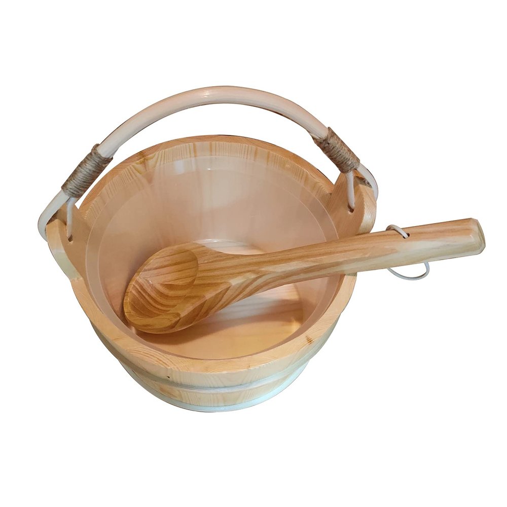 AIZYR 6L Handmade Wooden Sauna Bucket with Ladle and Plastic Liner, Sauna and Spa Accessory for Steam Room