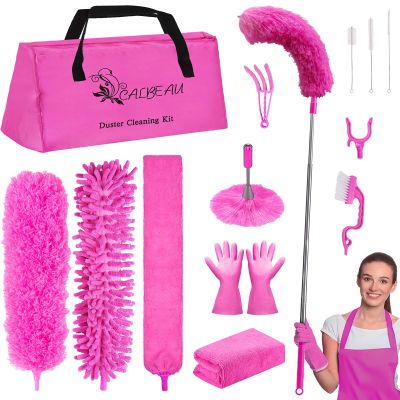 15PCS Microfiber Feather Duster Set Bendable & Washable with 100-inch Extension Pole Dusters for Cleaning High Ceiling Fan, Blinds, Cars, Furniture, Cleaning Tools Kit for Women
