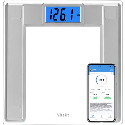Vitafit 250kg Digital Bathroom Scales for Body Weight and BMI Via Smart APP, High Accuracy Assured by Weighing Professional SINCE 2001, 8mm Tempered Glass, Extra Large Blue Backlit LCD, Silver