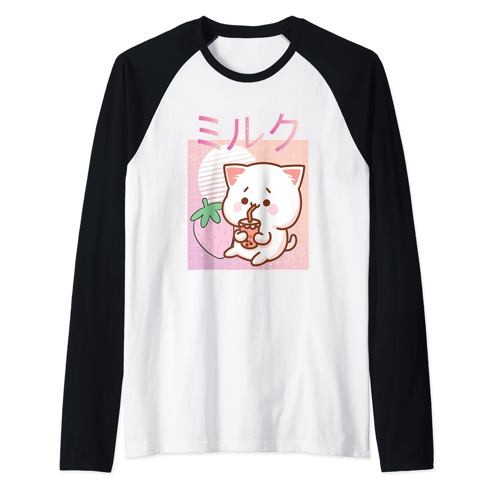 Vaporwave Strawberry Cat 90s Japanese Kawaii Strawberry Milk Raglan Baseball Tee