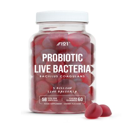 Probiotic Gummies 5B CFU - Bacillus Coagulants Bio Live Bacteria Supplement - 60 Vegan Gummies - Cherry Flavour - By Alpha01