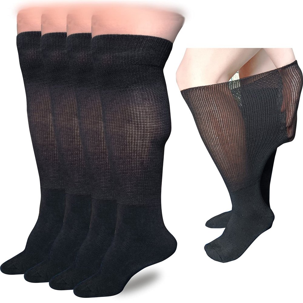 VEIGIKE Extra Wide Lymphedema Bariatric Socks Knee High Replacemen Sock Liner for Air Cam Walkers Brace Orthopedics Cast Boot Men Women, Black-2pairs, One Size, Black, One size