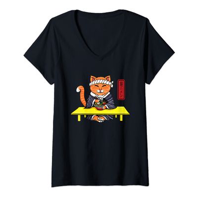 Womens Japanese Cat Eating a Ramen Noodles V-Neck T-Shirt