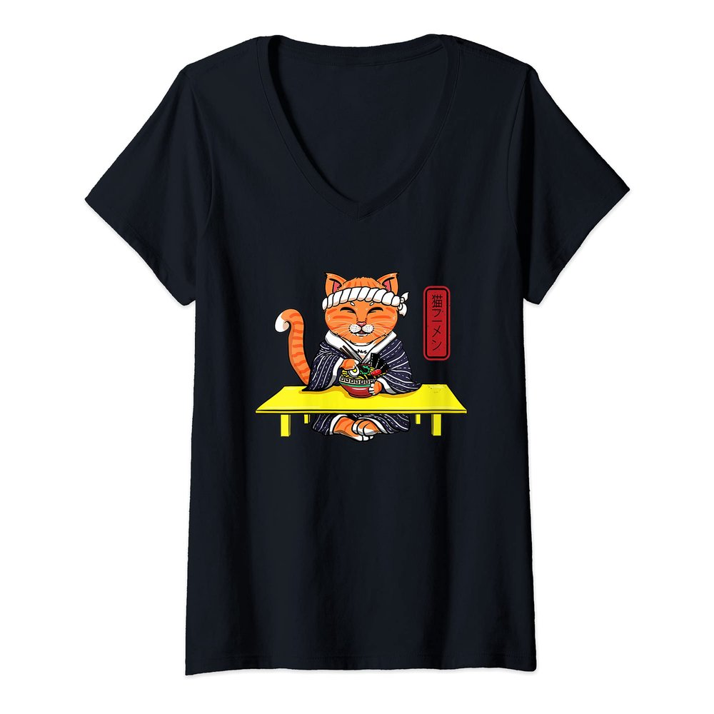 Womens Japanese Cat Eating a Ramen Noodles V-Neck T-Shirt
