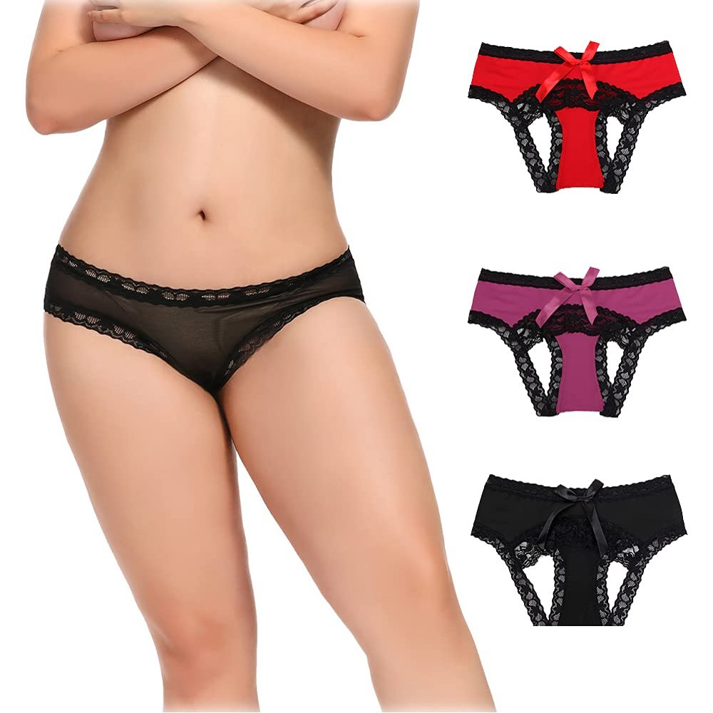 AWFOUGAR Plus Size Underwear for Women Midnight Lingerie Sexy Mesh Lace Panties - - S
