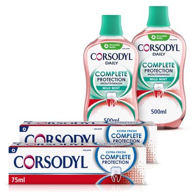 Corsodyl Gum Care Toothpaste and Mouthwash Multipack, Bundle (2 x Corsodyl Complete Protection Mild Mint Mouthwash 500 ml, 2 x Complete Protection Extra Fresh Toothpaste 75 ml)
