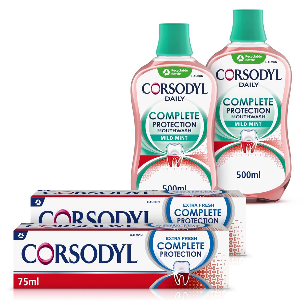 Corsodyl Gum Care Toothpaste and Mouthwash Multipack, Bundle (2 x Corsodyl Complete Protection Mild Mint Mouthwash 500 ml, 2 x Complete Protection Extra Fresh Toothpaste 75 ml)