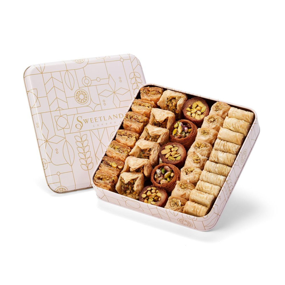 Sweetland London Premium Pistachio Baklava Selection  1 kg | Handmade Traditional Lebanese Baklava Treat Selection | Great Gift for Ramadan, Mother's Day, Easter, & Eid | UK Made | Tin Gift Box