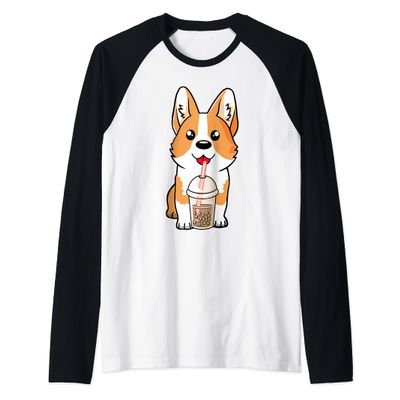 Boba Milk Tea Corgi Dog Puppy Lover Kawaii Japanese Anime Raglan Baseball Tee