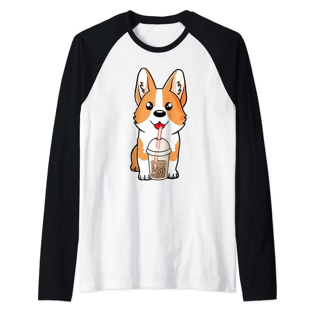 Boba Milk Tea Corgi Dog Puppy Lover Kawaii Japanese Anime Raglan Baseball Tee