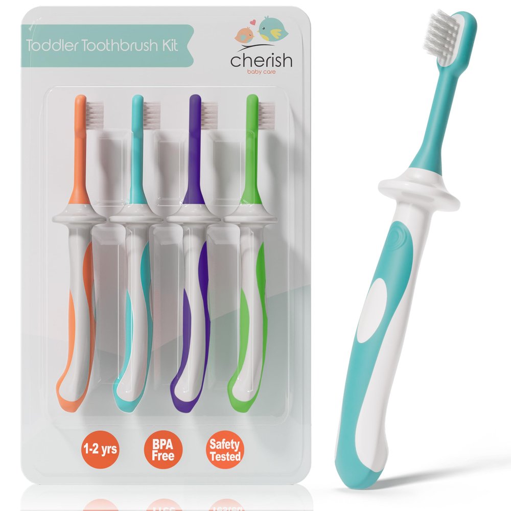 Cherish Baby Care Kids Toothbrush Set (4-Pack) - BPA-Free & Safety-Tested Kids Toothbrush for 1 Year Old, Designed by a Paediatric Dentist, Soft-Grip Toothbrush Kids 1-2 Years (Multi)