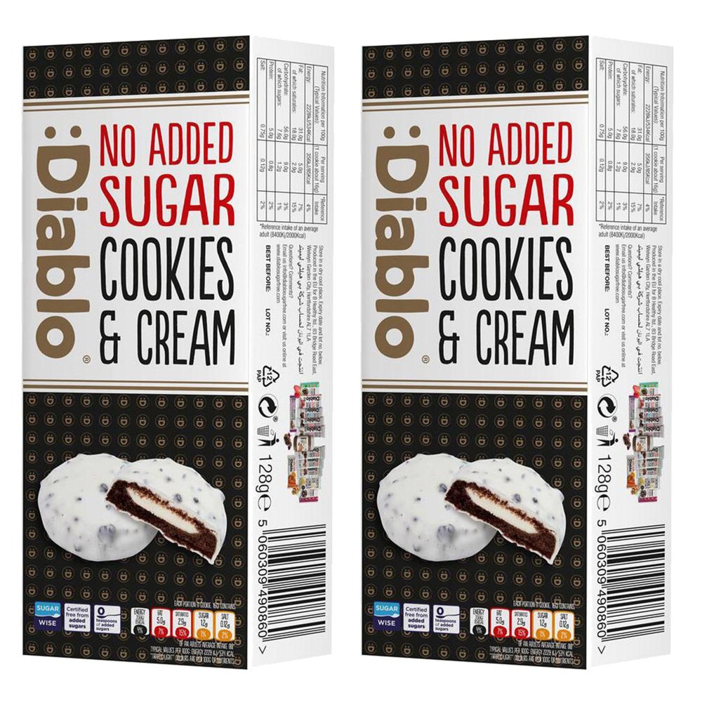 Diablo No Added Sugar Dark Cookies & Cream with Milk Cream Filling Covered in White Glaze  No Added Sugar Biscuits Snacks for All, Sweet Treats Sweetened with Maltitol, 128g (Pack of 2)